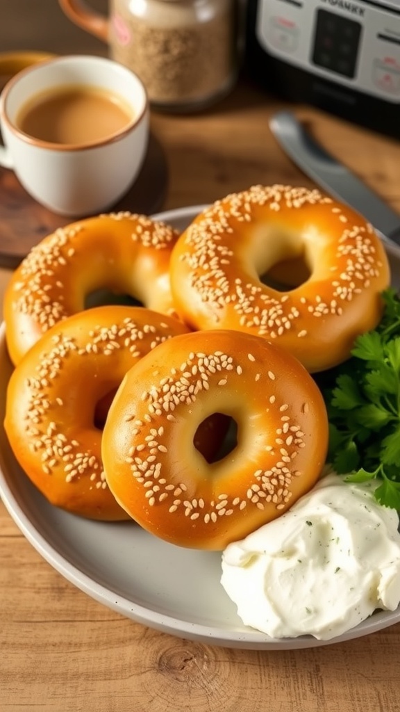 Golden brown air fryer bagels topped with sesame seeds, served with cream cheese on a wooden table.